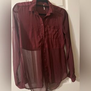 Burgundy button-down three people blouse
